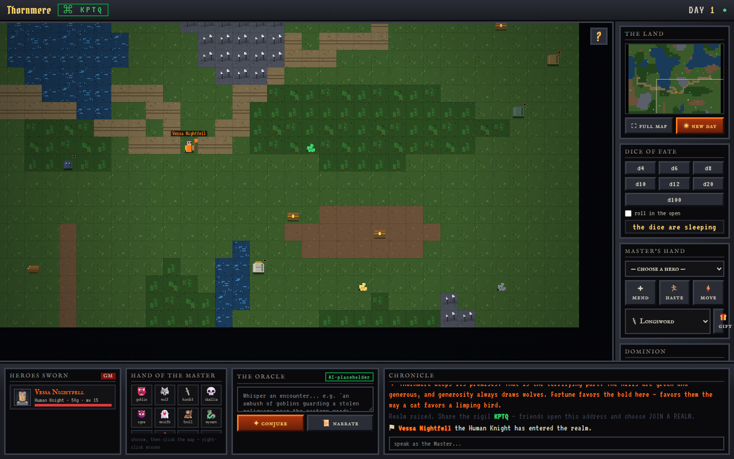 The Game Master's HUD with the Oracle prompt, roster and encounter tools