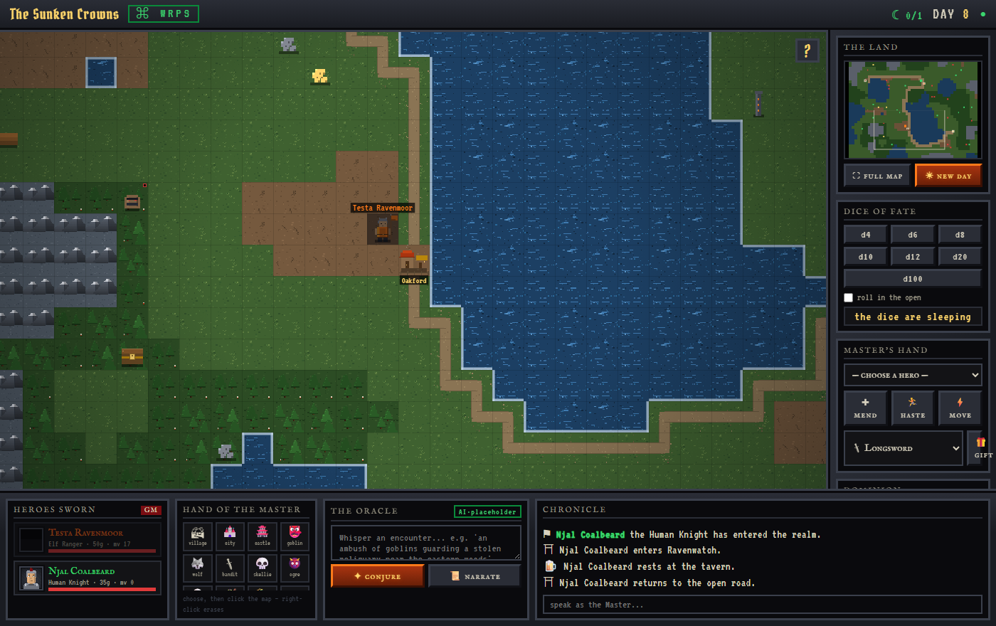 The Game Master's view: a pixel-art realm with roads, villages, lakes and the Master's toolbar